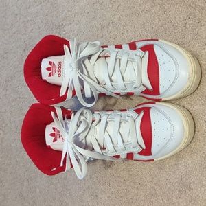 Size 5.5 adidas red and white Rivalry high top sneakers